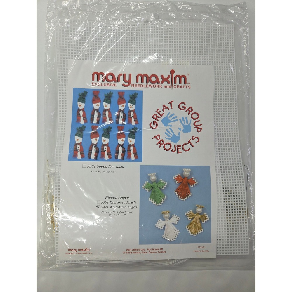 Mary Maxim White Gold Ribbon Angels Plastic Canvas Kit 5421 Makes 16 Ornaments